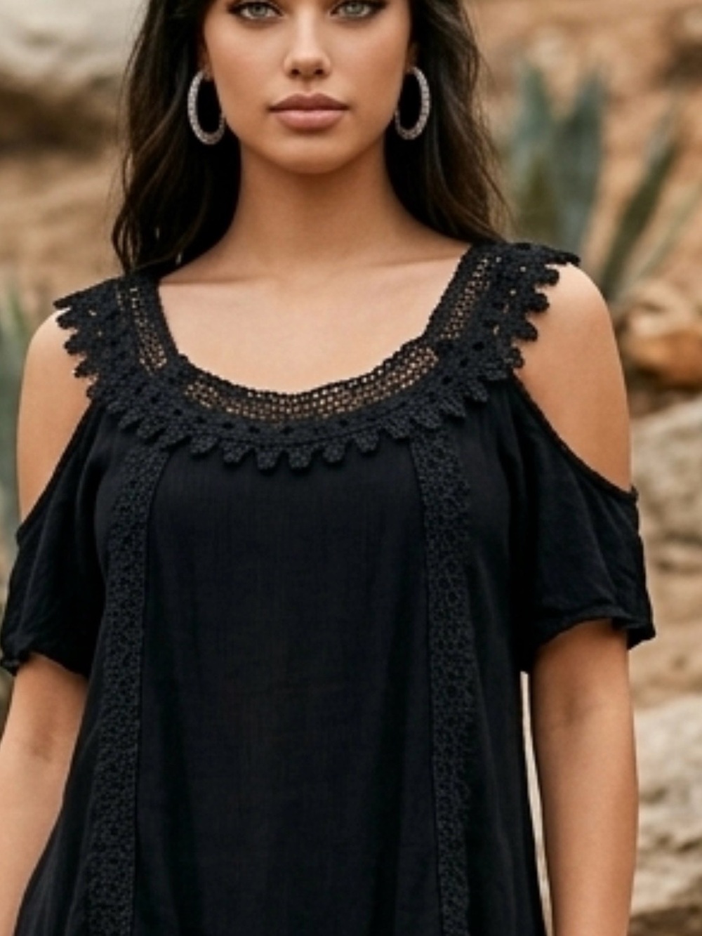 Nina Leonard Black Cold-Shoulder Crochet Trim Mini Dress
